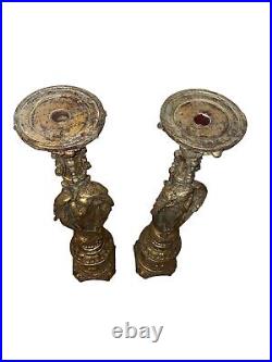 Antique Ornate Candle Holders pair of Angels bronze wings sisters / brothers