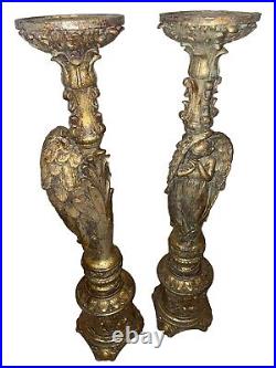 Antique Ornate Candle Holders pair of Angels bronze wings sisters / brothers