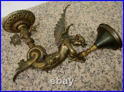 Antique Pair Brass Winged Mermaid Angels Wall Sconce Opaline Globe Art Nouveau