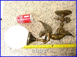 Antique Pair Brass Winged Mermaid Angels Wall Sconce Opaline Globe Art Nouveau