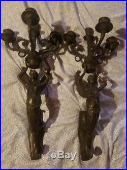 Antique Pair Cast Bronze Heavy Winged Angel Wall Sconces Religious Art French