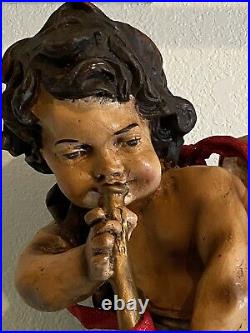 Antique Sculpture Angel Full Figure Winged Cherub Putti Playing Horn 21 Hanging