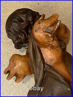 Antique Sculpture Angel Full Figure Winged Cherub Putti Playing Horn 21 Hanging