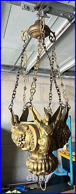 Antique Victorian Brass Winged Angel Gothic Sanctuary Hanging Oil Lamp Look Wow