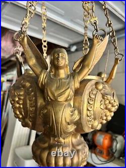 Antique Victorian Brass Winged Angel Gothic Sanctuary Hanging Oil Lamp Look Wow