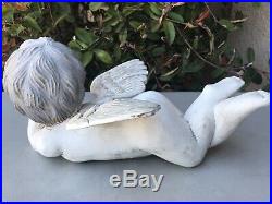 Antique Vintage Large Carved Wood Angel Cherub Lying Down WithWings White Finish