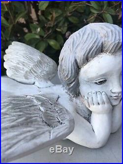 Antique Vintage Large Carved Wood Angel Cherub Lying Down WithWings White Finish