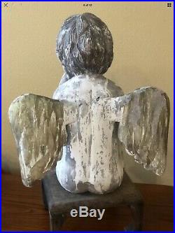 Antique Vintage Large Carved Wood Angel Cherub WithWings