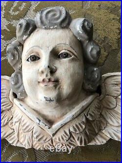 Antique/ Vintage Solid Carved Wooden Angel Head & Wings, Statue Hanging Pediment
