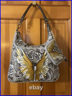 Anuschka Hand-Painted Leather Hobo with Coin Pouch Guardian Angel NWT
