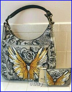Anuschka Hand-Painted Leather Hobo with Coin Pouch Guardian Angel NWT