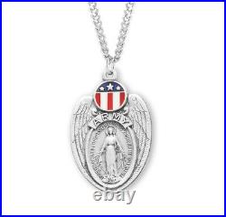 Army Large Sterling Silver Enamel Miraculous Medal Pendant with Angel Wings