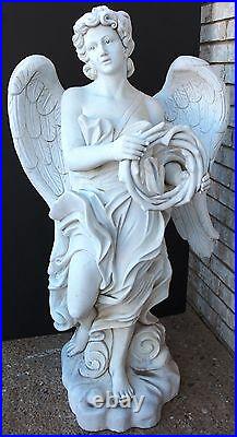 Beautiful Italian Carrara Solid 49 Tall Hand Carved Large Wing Angel w Wreath
