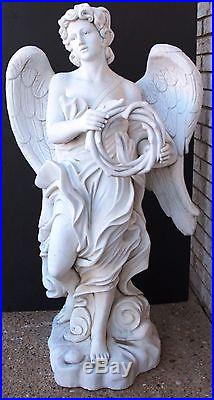 Beautiful Italian Carrara Solid Marble Hand Carved Large Winged Angel w Wreath