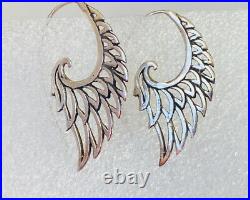 Beautiful Vintage Sterling Silver Angel Wing Hook Large Hoop Dangle Earrings