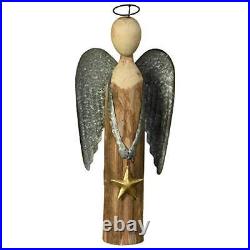Benjara Galvanized Wings Wooden Angel Accent Decor with Star Brown