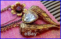 Betsey Johnson Vinatge Fly With Me Large Angel Wing Crystal Heart Necklace MINT