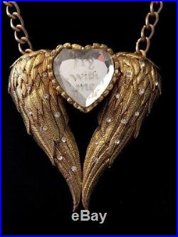 Betsey Johnson Vinatge Fly With Me Large Gold Angel Wing Crystal Heart Necklace