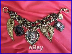 Betsey Johnson Vintage Fly With Me Large Gold Angel Wing Crystal Heart Bracelet