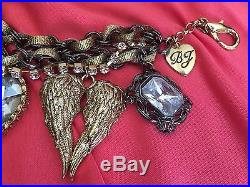 Betsey Johnson Vintage Fly With Me Large Gold Angel Wing Crystal Heart Bracelet