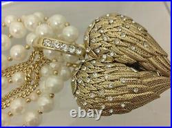 Betsy Johnson Large Pearl, Crystal & Gold Angel Wings Necklace Nib Bling