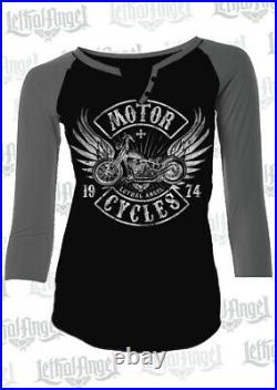 Black Lethal Angel Wings 3/4 Sleeve Raglan Motorcycles Clothing Top Bikie Chick