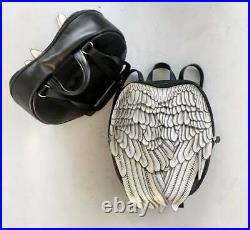 Black white Leather Backpack Leather Wings Backpack Unique Wings Bag