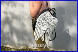 Black white Leather Backpack Leather Wings Backpack Unique Wings Bag