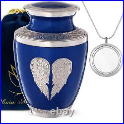 Blue Urn for Ashes Adult Male Female Heart Funeral Decorative Angel Wings Ur