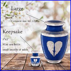 Blue Urn for Ashes Adult Male Female Heart Funeral Decorative Angel Wings Ur