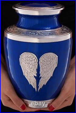 Blue Urn for Ashes Adult Male Female Heart Funeral Decorative Angel Wings Ur