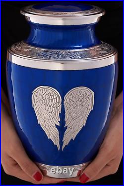 Blue Urn for Ashes Adult Male Female Heart Funeral Decorative Angel Wings Ur