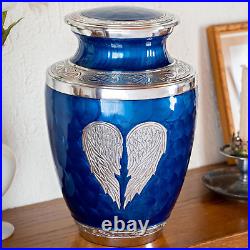 Blue Urn for Ashes Adult Male Female Heart Funeral Decorative Angel Wings Ur