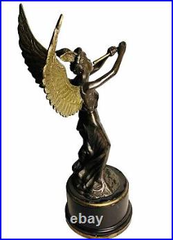 Bronze Sculpture Angel Female Statue Winged Trumpet Deco Wreath Decor Vintage