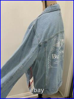 Budweiser Alcohol Beer Denim Blue Trucker Button Jean Logo Jacket Mens L New