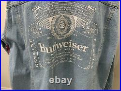 Budweiser Alcohol Beer Denim Blue Trucker Button Jean Logo Jacket Mens L New