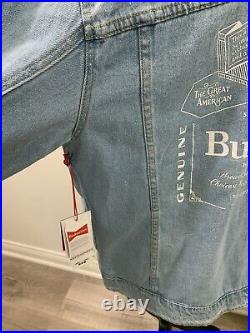 Budweiser Alcohol Denim Blue Trucker Button Jean Logo Jacket Mens L New