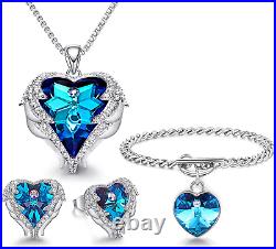 CDE Angel Wing Jewelry Set 4 Pieces Heart Pendant Necklace Stud Earrings and for