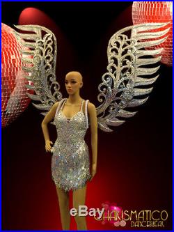 CHARISMATICO Large silver glitter angel wings with mirror and crystal accents