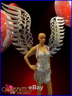 CHARISMATICO Large silver glitter angel wings with mirror and crystal accents