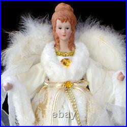 CHRISTMAS TREE TOPPER / LARGE-SIZE WHITE & GOLD ANGEL with REAL FEATHER WINGS