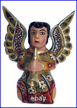 Carved WOOD ANGEL, Large Full Body Winged Angel With Horn 15, Mexican Folk Art