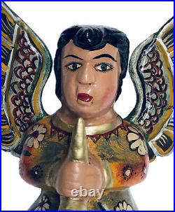 Carved WOOD ANGEL, Large Full Body Winged Angel With Horn 15, Mexican Folk Art