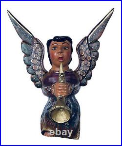 Carved WOOD ANGEL, Large Full Body Winged Angel With Horn 19Mexican Folk Art