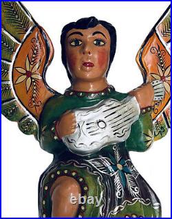 Carved WOOD ANGEL, Large Full Body Winged Angel w Guitar 17Mexican Folk Art