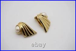 Christian Dior Vintage 1980s Large Wing Feather Faux Pearl Clip, Earrings Gold