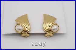 Christian Dior Vintage 1980s Large Wing Feather Oval Pearl Clip Earrings, Gold