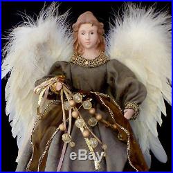 Christmas Tree Topper / Large-size Olive Green & Gold Angel / Real Feather Wings