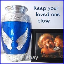 Cremation Urns for Human Ashes Adult Female Male Angel Wings Large Blue