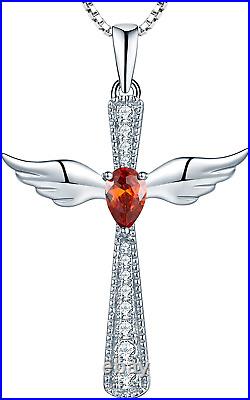 Cross Necklace 925 Sterling Silver Angel Wings Pendant Garnet January 18K Plated